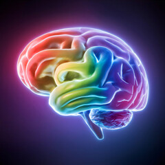 Hyper-realistic brain: Happiness burst. Glowing colors, intricate detail. Neural connections pulse with energy. Positive icons (sun, heart, flower) symbolize source of joy.