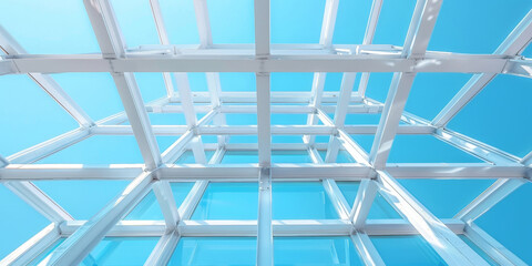 Naklejka premium White steel frame structure on blue sky background,