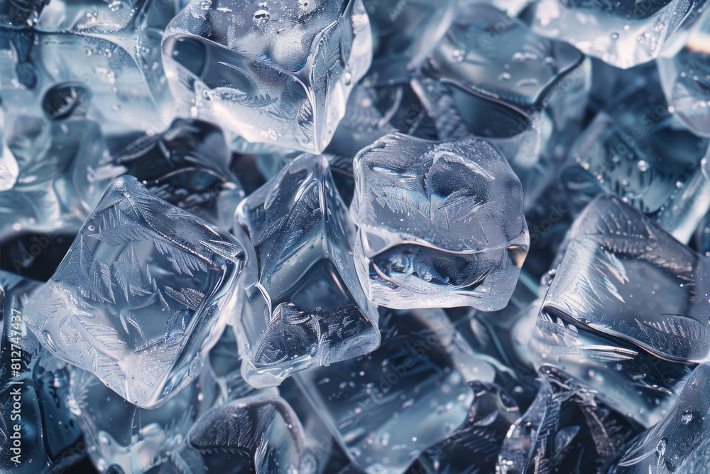 Poster enhanced close-up image showcasing the intricate details and textures of translucent ice cubes with 