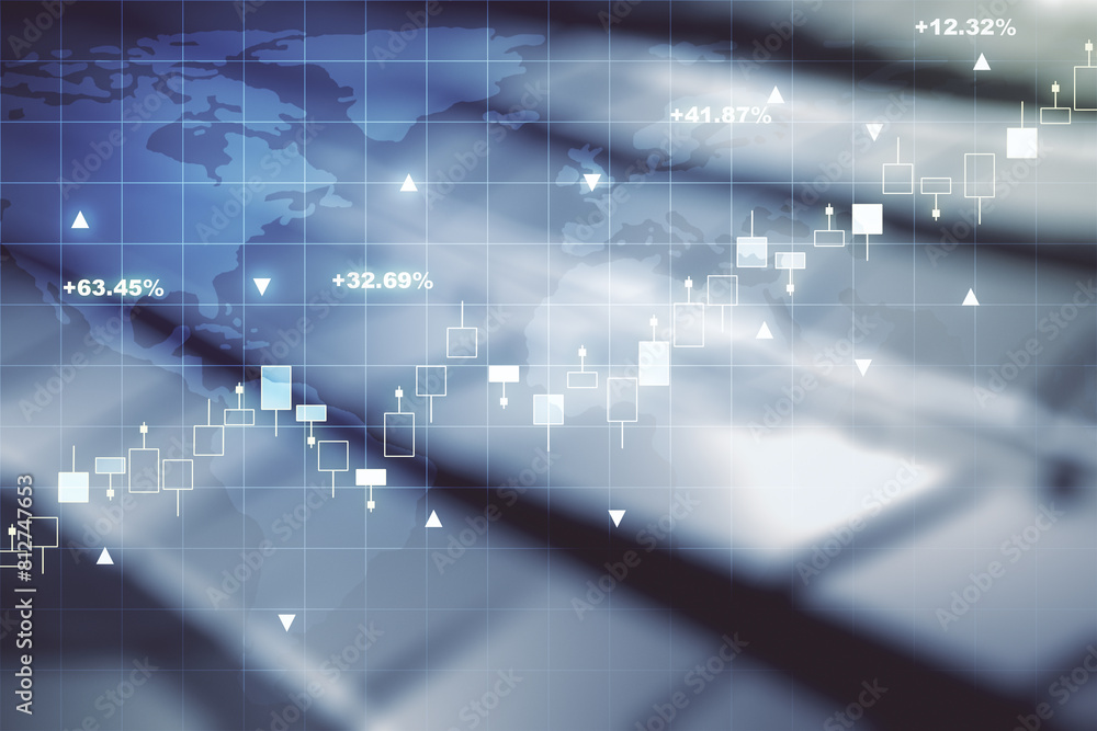 Poster multi exposure of virtual creative financial graph and world map on blurry abstract metal background