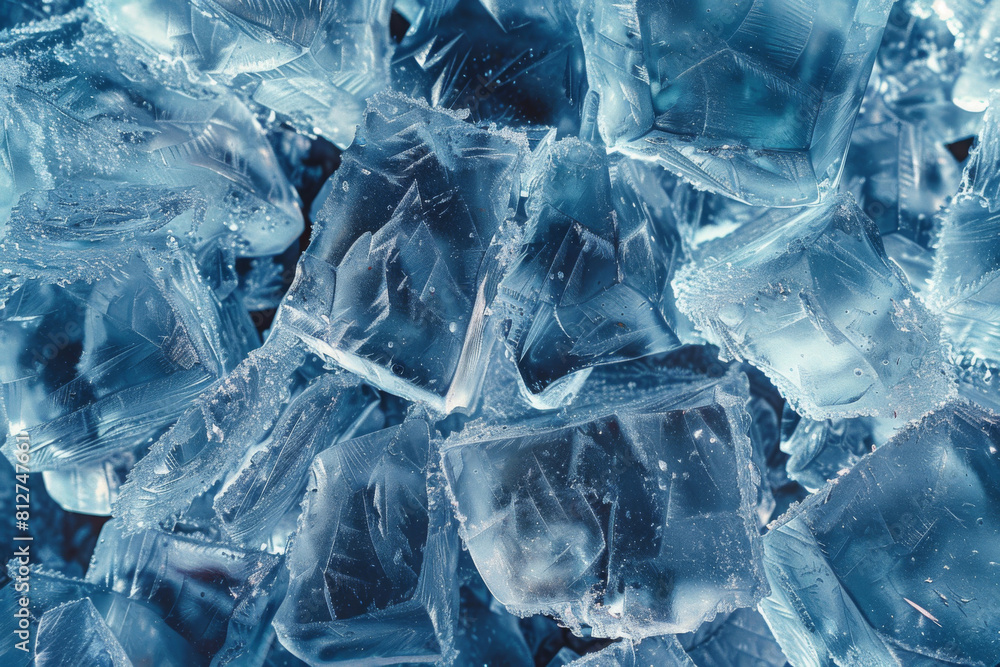 Aufkleber close-up of frosty ice cubes texture in blue with a refreshing and cool abstract pattern. perfect fo