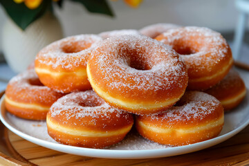 Donuts with powdered sugar sprinkled on top on a plate