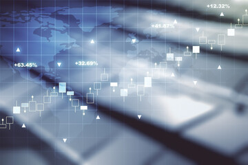 Multi exposure of virtual creative financial graph and world map on blurry abstract metal background, forex and investment concept