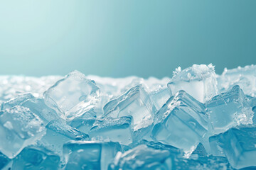 Crisp, clear ice cubes pile beautifully, conveying coolness and freshness with a hint of wintery chill on a serene blue background