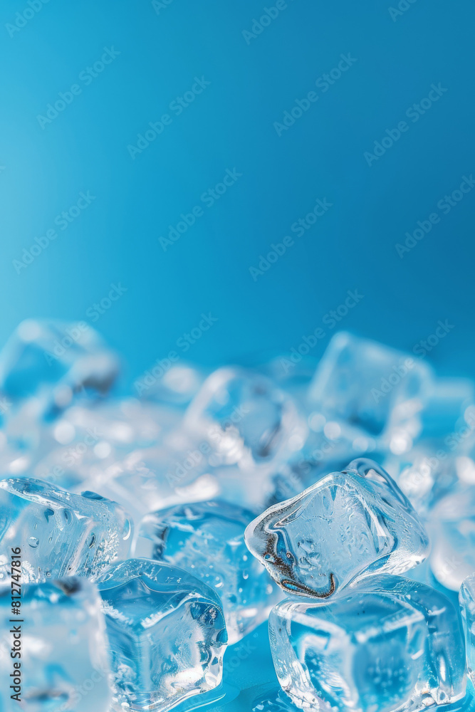 Poster close-up image of translucent ice cubes piled up with a soft-focus blue background, conveying a sens