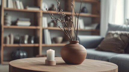 Close up of clay vase with twigs and candle on wooden table near grey sofa against bookcase. Minimalist interior design of modern living room, home.