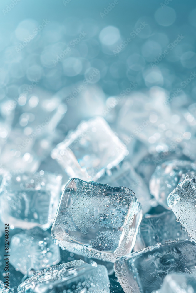 Aufkleber close-up of sparkling ice cubes with water droplets, illuminated on a cool blue background, creating