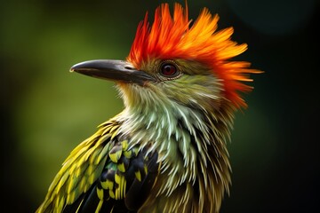 A Fire crest with striking green plumage in a natural woodland habitat, close up