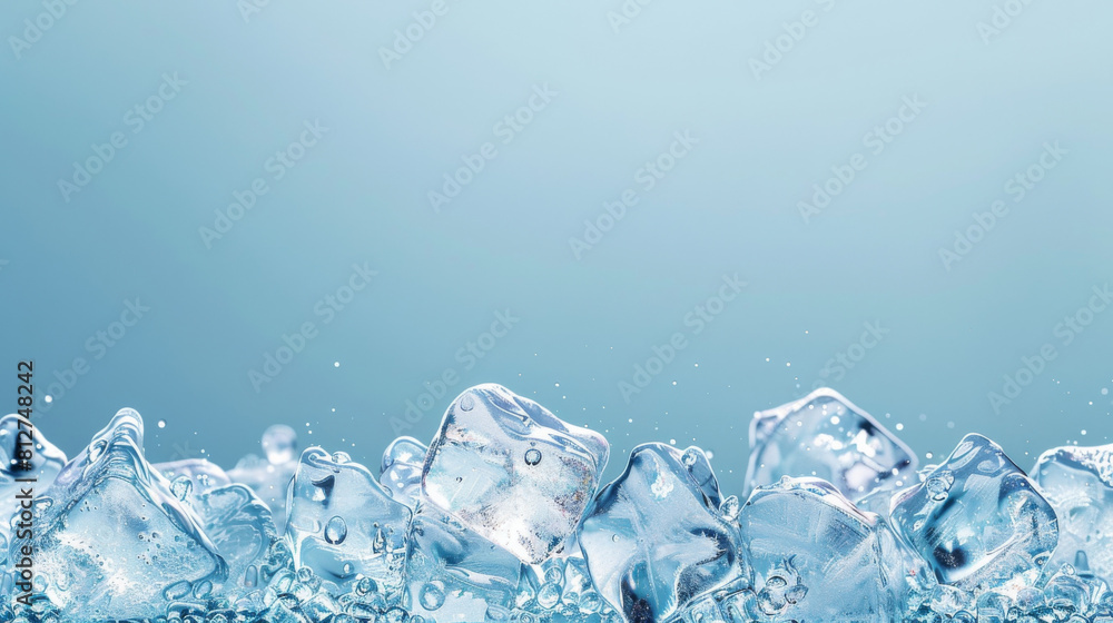 Poster high-resolution image featuring sparkling clear ice cubes with water droplets on a refreshing aqua b