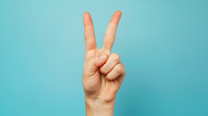 Male hand makes a two fingers up greeting gesture, generative ai