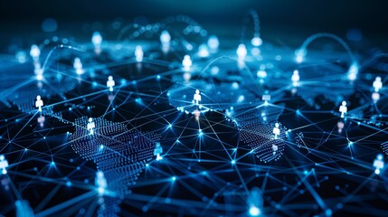 3D rendering of a business network concept showing people around the globe connected by lines on a dark blue background A business team working online using technology for a global