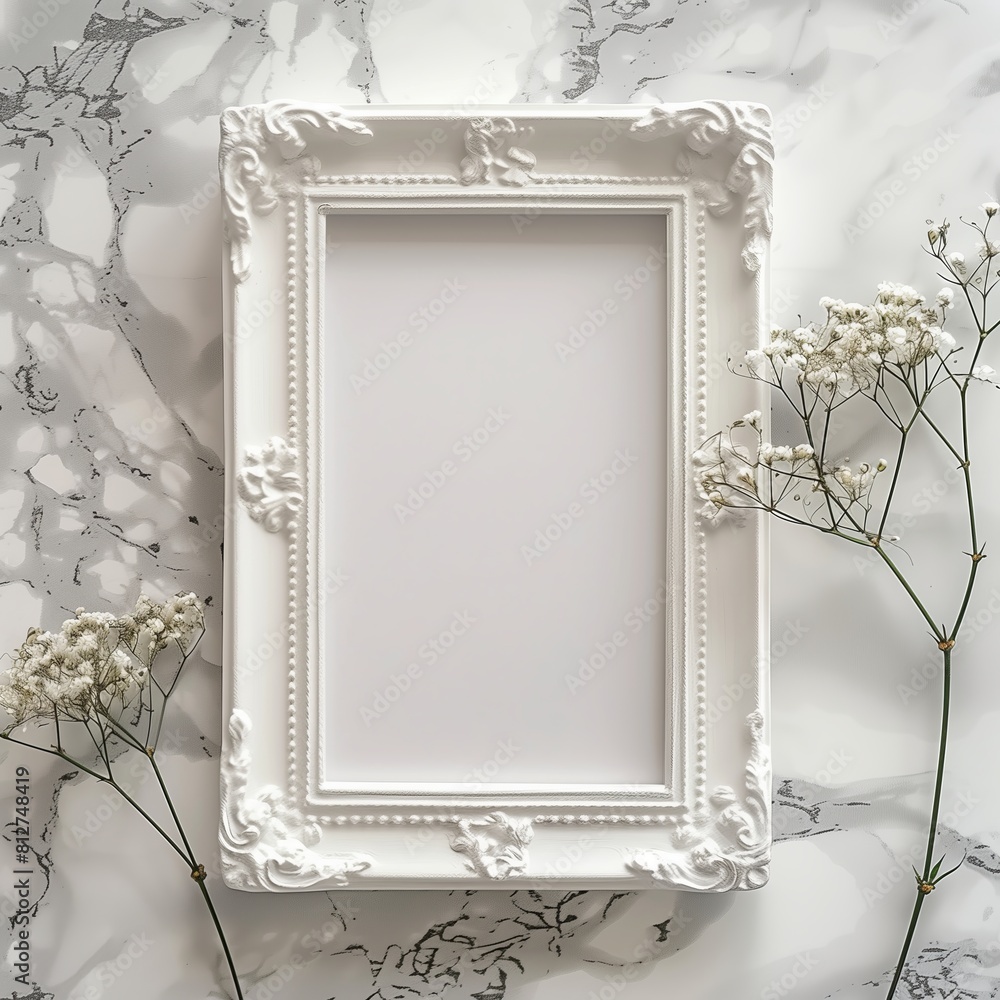 Poster a white picture frame with an empty space inside, sitting on top of a marble surface.
