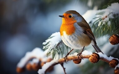 European Robin with a vibrant orange breast perched on a snowy pine branch, serene winter scene