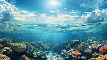 Craft a minimalist underwater scene in a surreal ambiance, featuring vibrant coral reefs seen from a fish-eye lens perspective