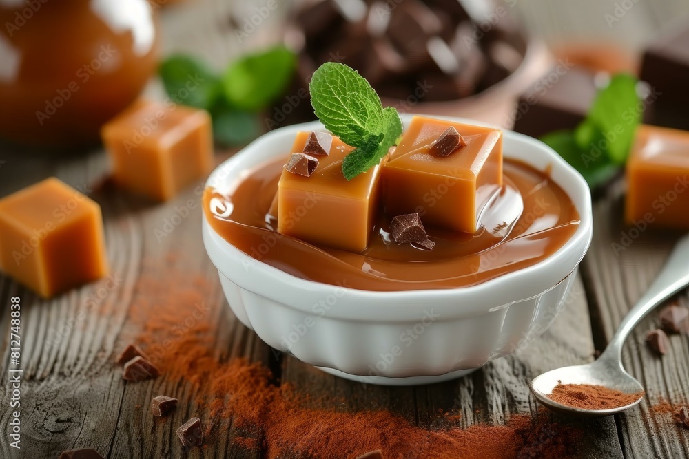 Poster delightful caramel cubes in a bowl with chocolate pieces, garnished with mint on a wooden table