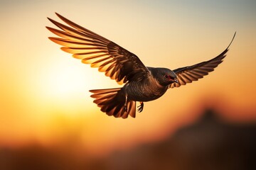 Silhouette of a Common Swift against the glowing light of the setting sun, minimalistic design