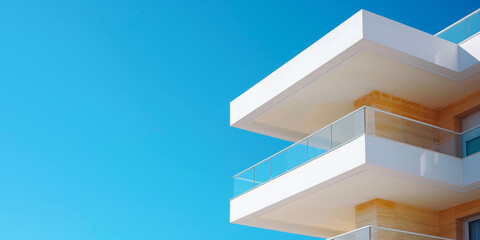 white balconies on an apartment building against a clear blue sky, 