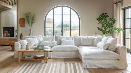 A large white linen sofa in the middle of an open space