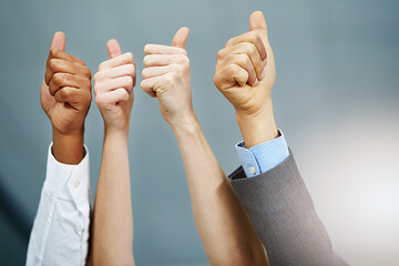 Business people, hands and thumbs up for teamwork agreement or approval, solidarity or win. Group,...