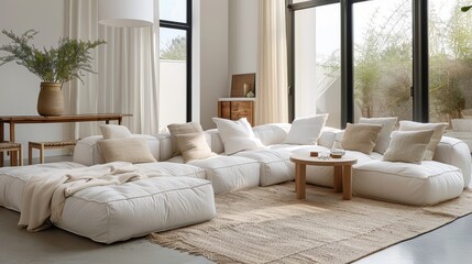 A modern living room with an oversized white sofa