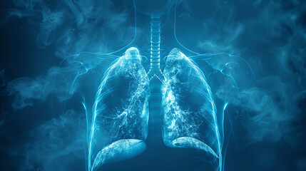 A striking 3D visualization of human lungs enveloped in ethereal blue smoke, highlighting the delicate structure and functionality of the respiratory system.