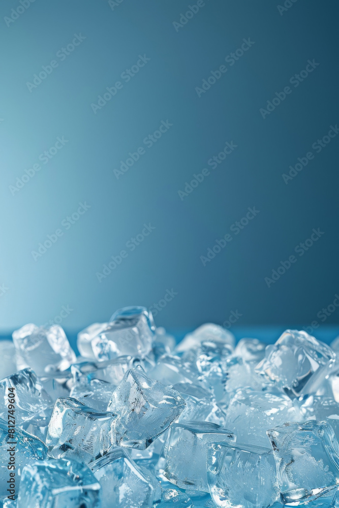 Poster refreshing collection of crystal clear ice cubes, piled on a vibrant blue backdrop with space for te
