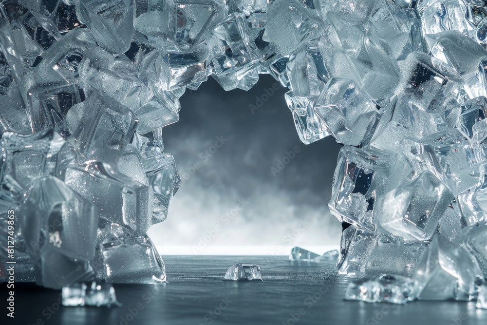 Poster high-resolution image of translucent ice cubes on a reflective surface, creating a cool and refreshi