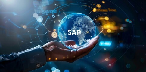 Hand holding a digital globe with SAP logo amidst tech elements. Created with Generative AI.