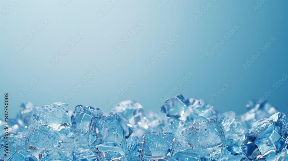 Poster refreshing background of shiny blue ice cubes, stacked with precision, depicting an icy cold and tex