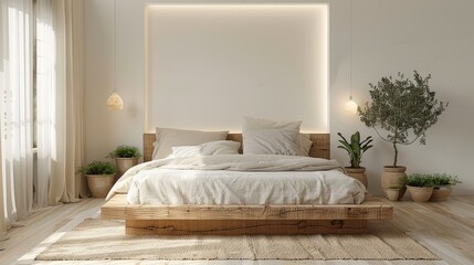 Modern bedroom with a wooden bed