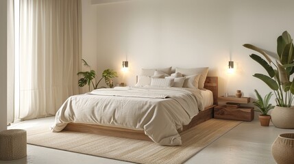 Modern bedroom with a wooden bed