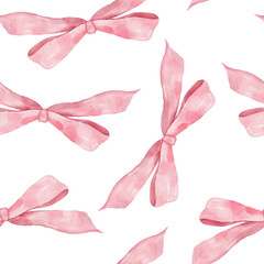 Pink Hand Drawn Watercolor Ribbon Bows Seamless Pattern. Hand drawn decorative background print