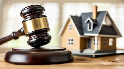 Real estate law concept with a wooden gavel and house model on a table A realistic photo in the style of a stock photoshoot for stock photography