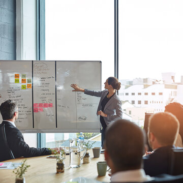 Business people, whiteboard and woman speaker with presentation in office for planning, schedule or project management. Leadership, coaching and manager hand pointing to objectives, note or priority
