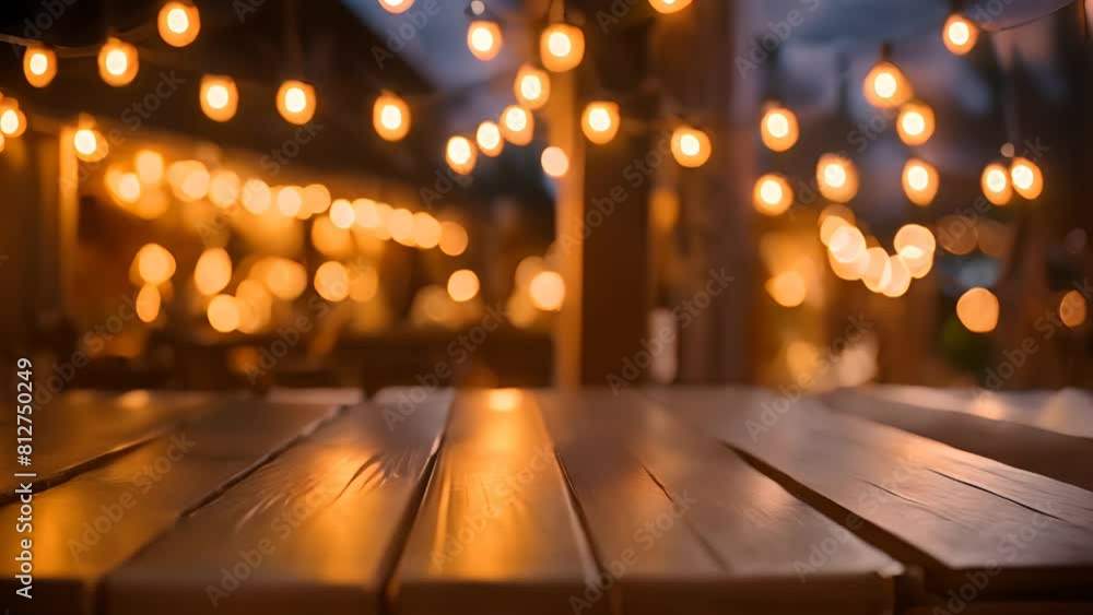 Poster wooden table with background lights generative ai