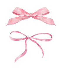 Set of Pink Hand Drawn Watercolor Ribbon Bows isolated on white background. Hand drawing decorative bow elements illustration