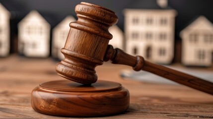 The wooden gavel of the court and houses on a blurred background, representing the real estate law concept in the style of blurred backgrounds