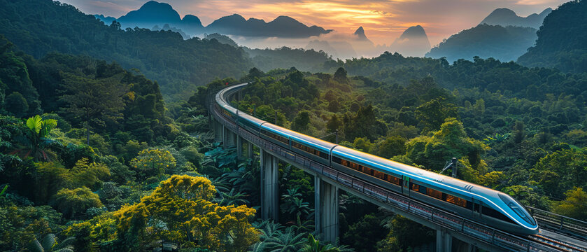 A futuristic maglev train speeds through a lush landscape, harmonizing technology and nature.