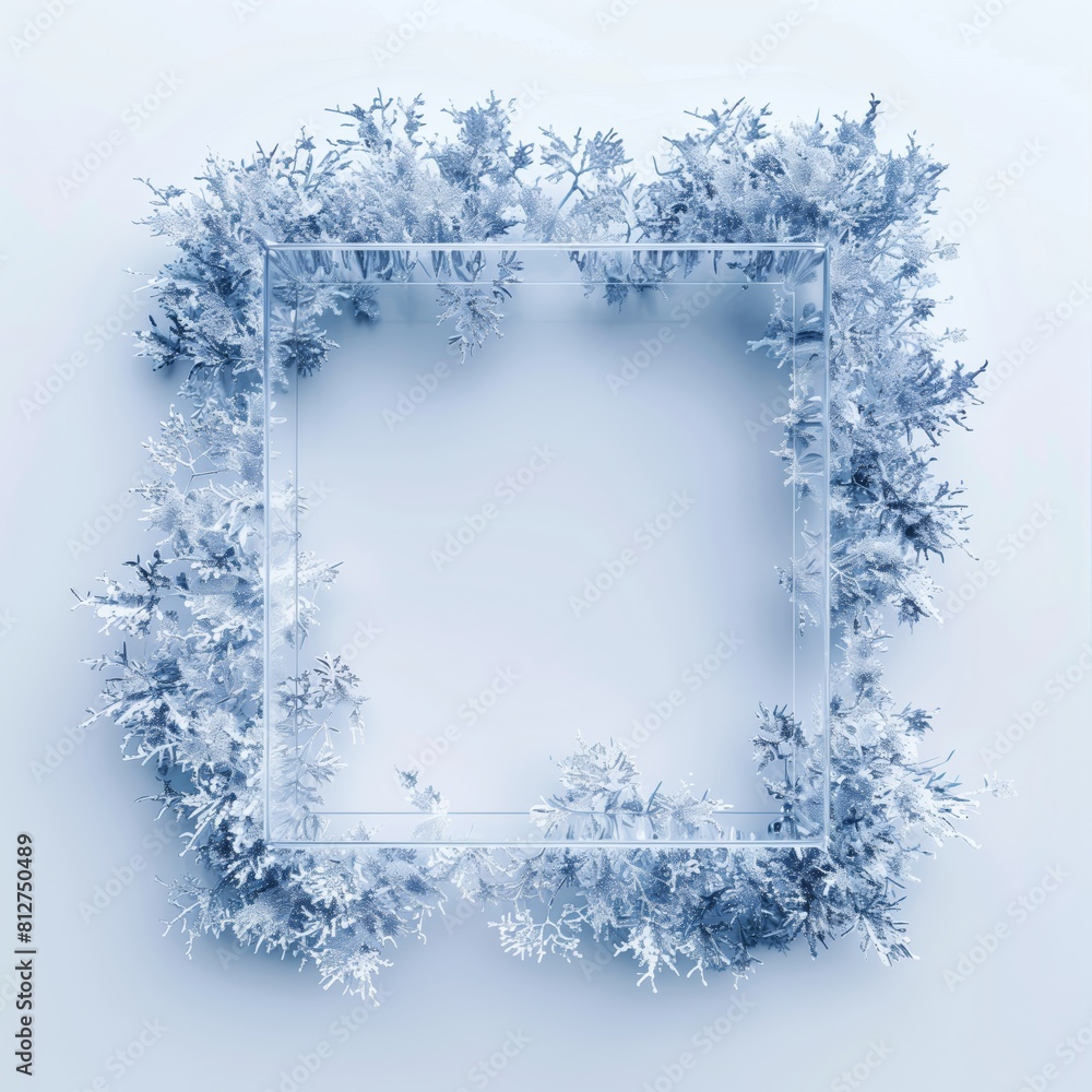Poster a square frame made from frost on white background, empty space in the center for text or photo.