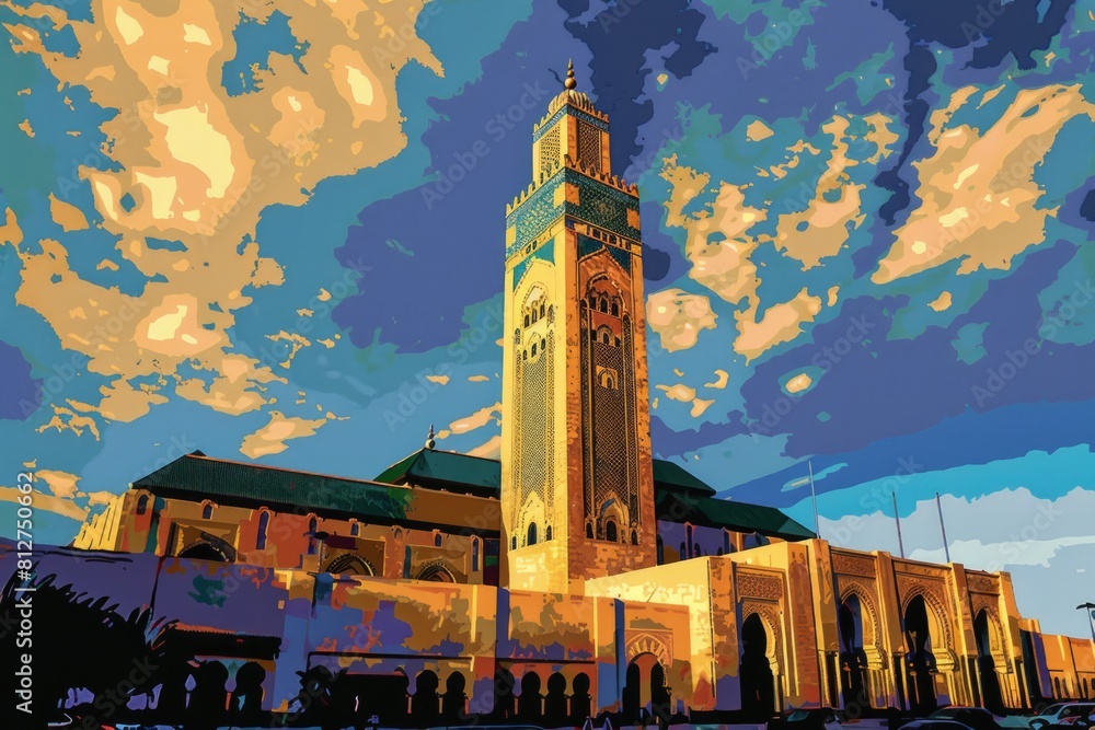 Poster a large building with a prominent clock tower. ideal for architectural design concepts