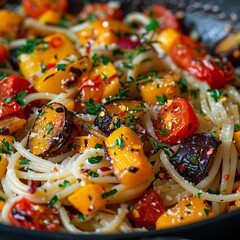 A close-up of spaghetti noodles being tossed in a pan with vibrant, roasted vegetables and fragrant herbs.