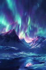 Vivid Northern Lights dance above snowy mountains in green and purple hues.