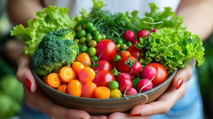 A woman standing and holding a bowl filled with various fresh vegetables like tomatoes, carrots, and cucumbers