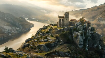 Majestic castle perched on a hill overlooking a tranquil river at dawn. A serene landscape echoes history and fantasy. Ideal for backgrounds and travel themes. AI - obrazy, fototapety, plakaty