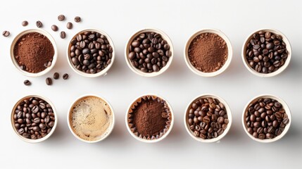 A variety of coffee beans and ground coffee in white cups on a white background.