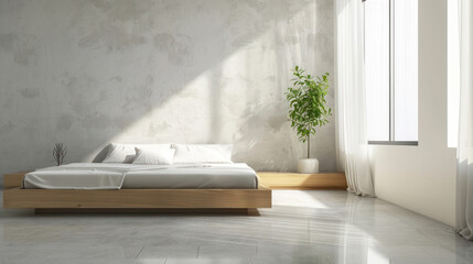 Fototapeta premium Minimalist interior design of modern bedroom with stucco wall.