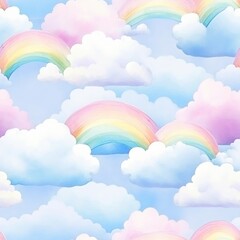 A seamless pattern of pastel renkli gokkusagilari and clouds.
