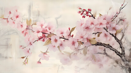 vintage white and pink sakura oil art print background poster decorative painting 