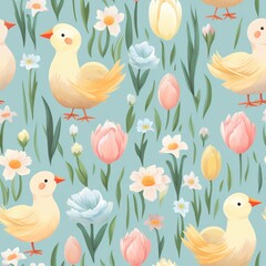 Cute cartoon ducklings and spring flowers. Seamless vector pattern.