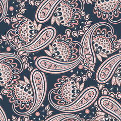 Paisley vector seamless design featuring stunning flowers and leaves in a batik-inspired style. Vintage backdrop